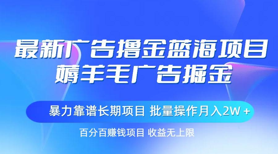 最新广告撸金蓝海项目，薅羊毛广告掘金 长期项目 批量操作月入2W＋-上品源码网