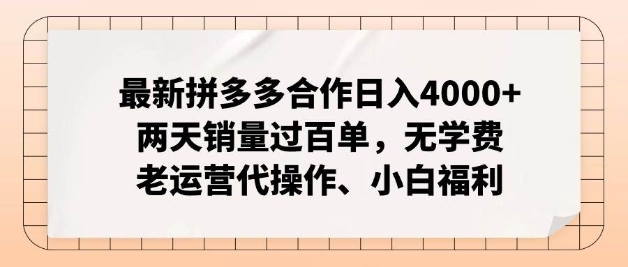 最新拼多多合作日入4000+两天销量过百单，无学费、老运营代操作、小白福利-上品源码网